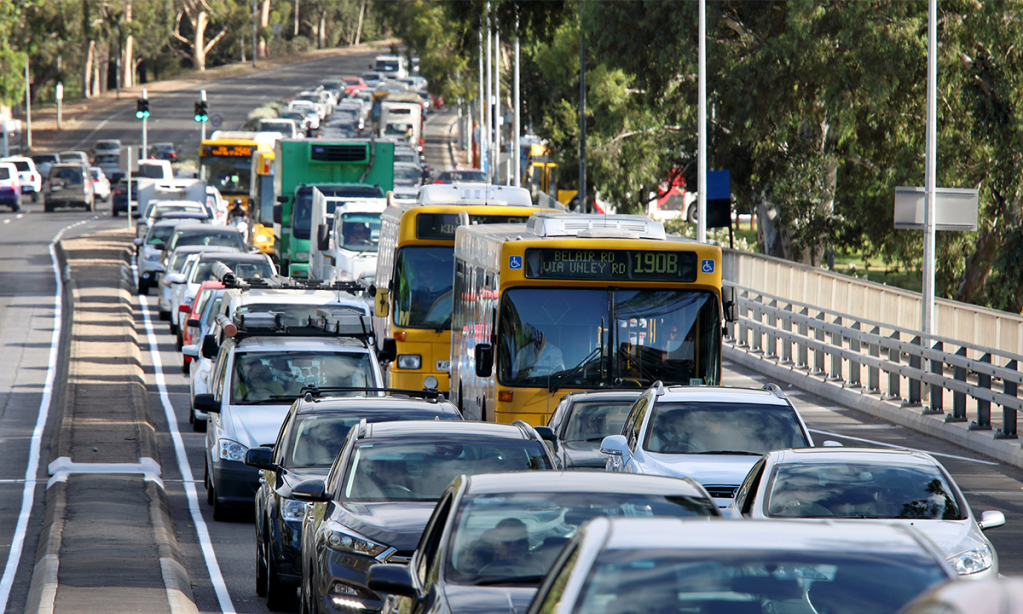 Buses trapped in a line of traffic on Morphett Street in the city. Photo: Tony Lewis/InDaily