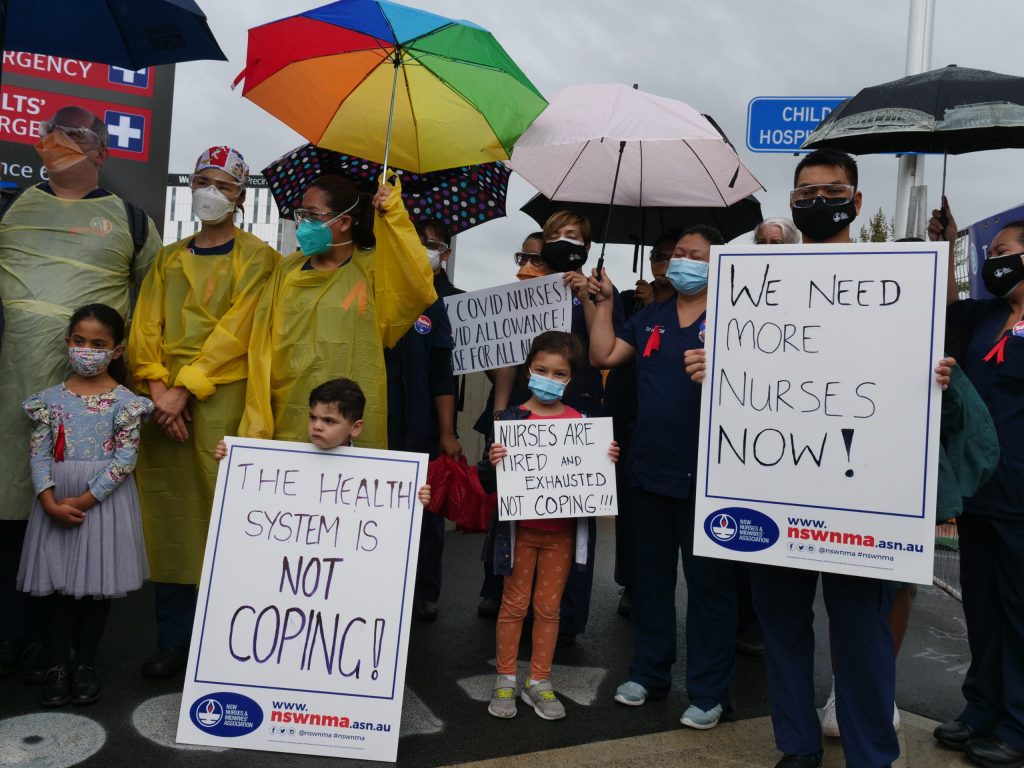 Sydney intensive care nurses rally in January. A general nursing strike is planned for Tuesday. Photo: AAP/Sam McKeith