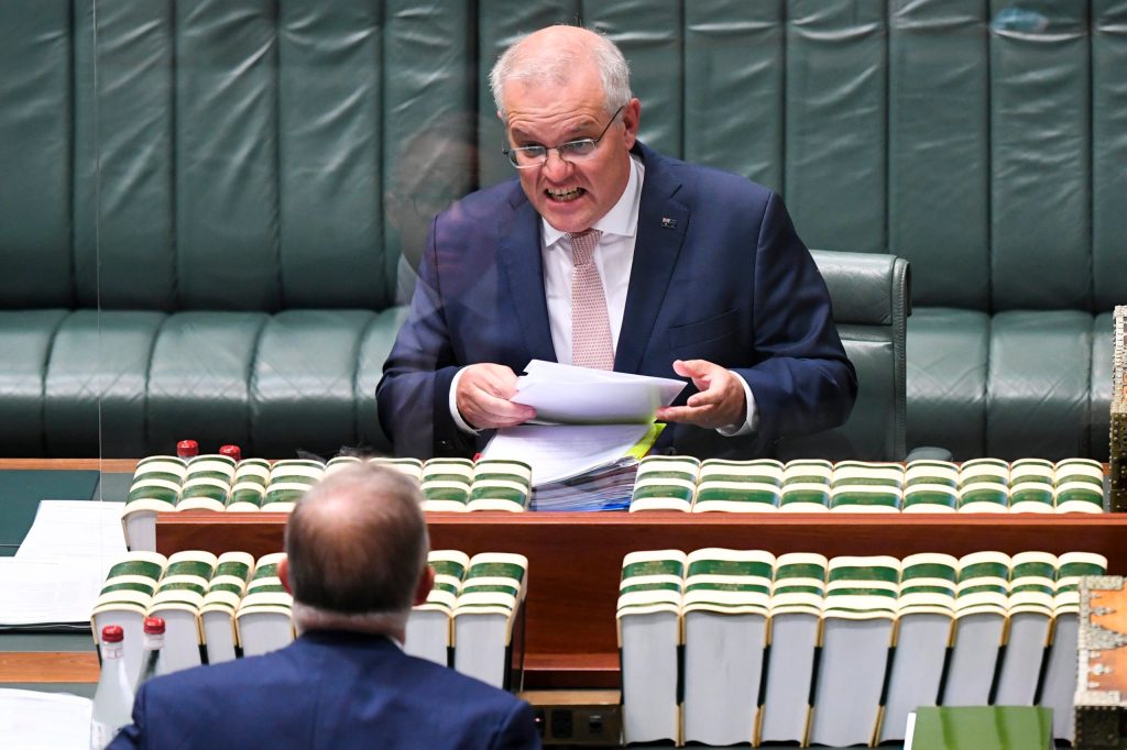 Prime Minister Scott Morrison and Opposition Leader Anthony Albanese during Question Time on Thursday. Photo: AAP/Lukas Coch