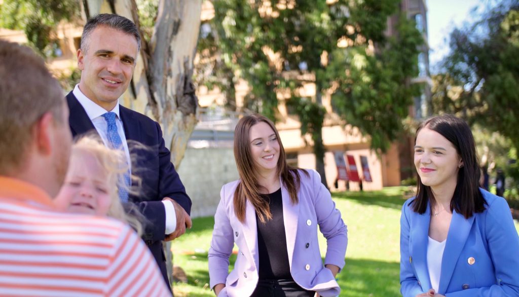 Peter Malinauskas visiting the Modbury Hospital today with Labor canddiates Rhiannon Pearce and Olivia Savvas. Photo: Ben Baker / Supplied