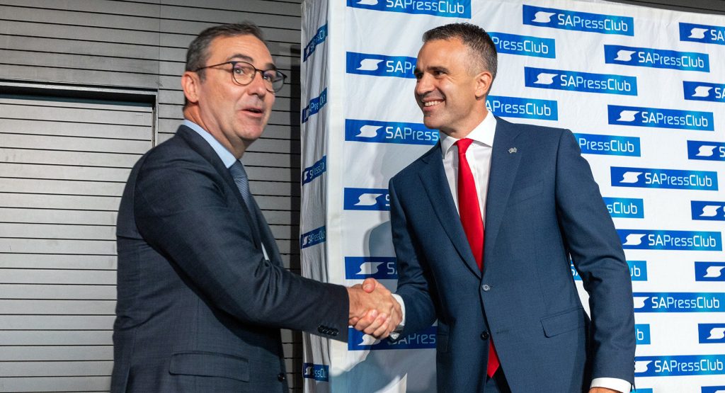 Premier Steven Marshall and Opposition Leader Peter Malinauskas at an SA Press Club debate last year. Photo: Tony Lewis / InDaily