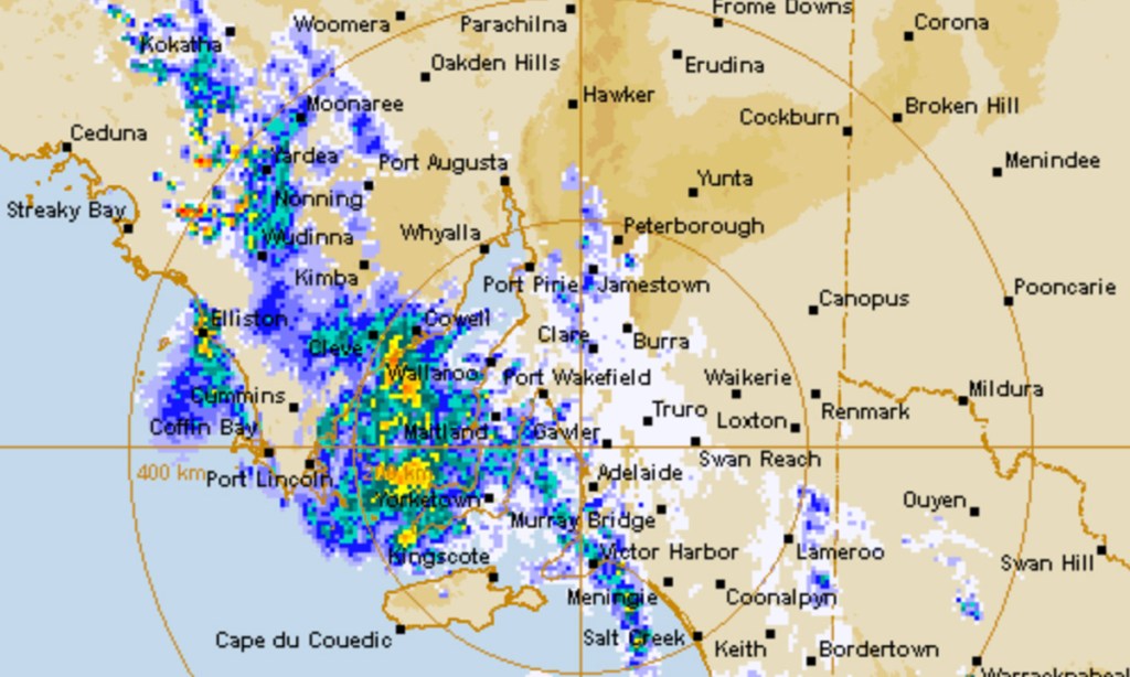 A radar image at 8am this morning showing an intense rain band sweeping across the state. Image: BOM