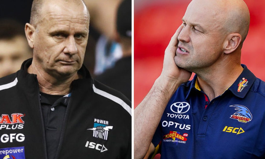 Port Adelaide coach Ken Hinkley (left). Photo: AAP/Daniel Pockett. Crows coach Matthew Nicks, right. Photo: AAP/Dave Hunt. Composite image: InDaily