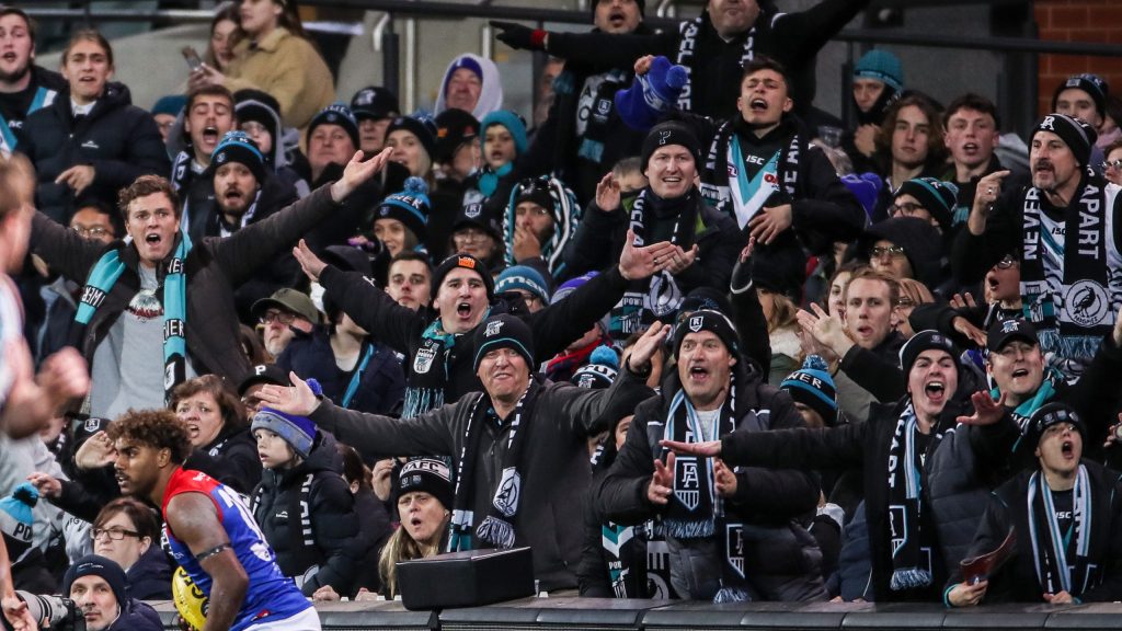 Port Adelaide fans disagree with an umpire's call during last year's Round 17 game against Melbourne at Adelaide Oval. Photo: AAP/Matt Turner