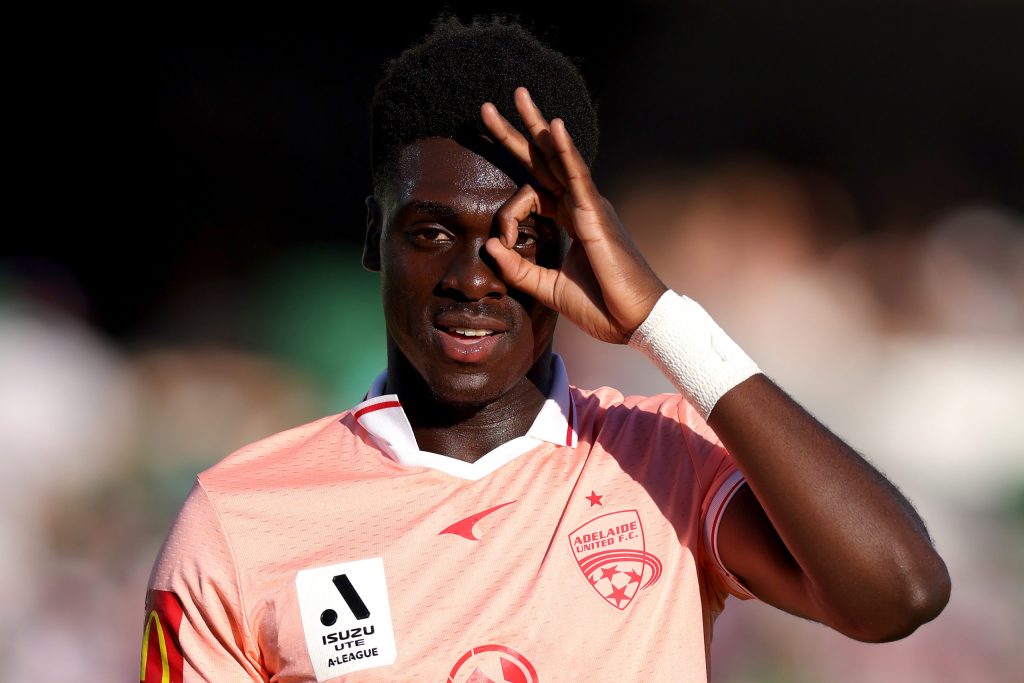 United's Mohamed Toure after scoring during the win against Perth Glory on March 5. Photo: AAP/Richard Wainwright