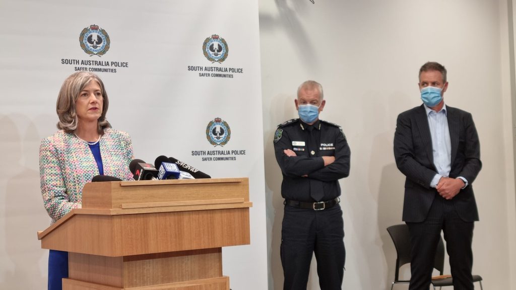 Chief public health officer Nicola Spurrier, police commissioner Grant Stevens and Education Department CEO Rick Persse. Photo: Thomas Kelsall/InDaily