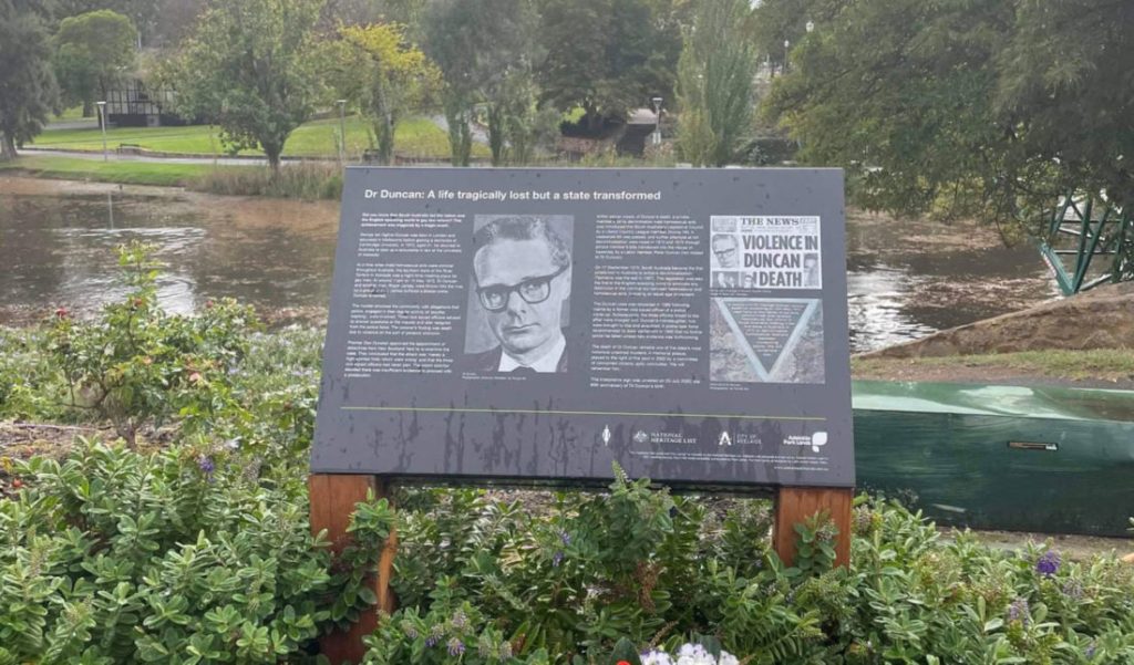 A memorial to Dr George Duncan near the site of his death in the River Torrens. Photo: Adelaide Law School Facebook page