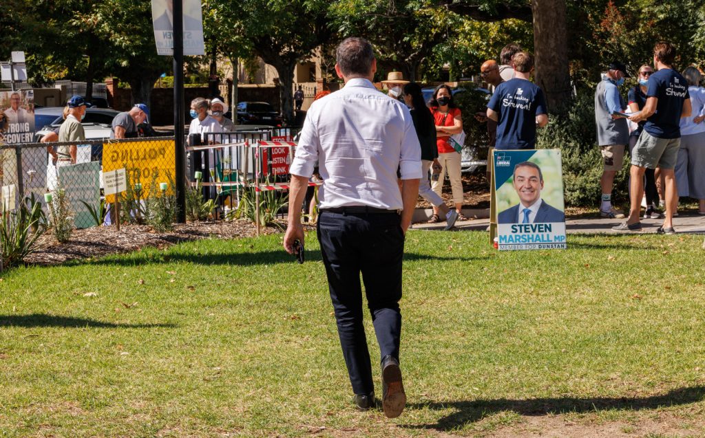 Former Premier Steven Marshall at a Dunstan polling booth on Saturday. Photo: Tony Lewis/InDaily