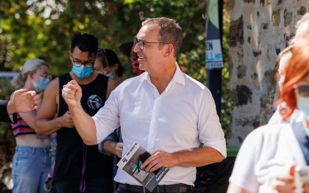 Steven Marshall queues to vote on polling day. Photo: Tony Lewis / InDaily