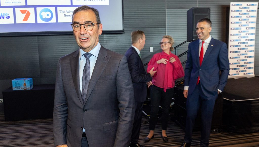 Peter Malinauskas (right) is seeking to take centre-stage from Steven Marshall, pictured at a 2021 SA Press Club debate. Photo: Tony Lewis / InDaily