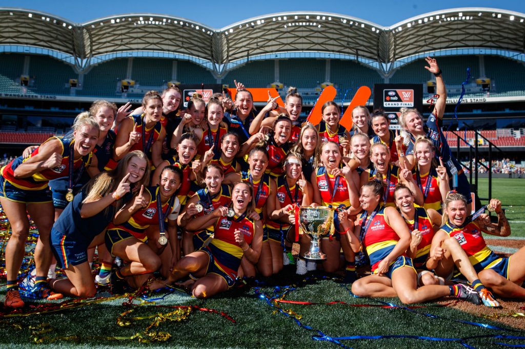The Crows after Saturday's Grand Final win at Adelaide Oval. Photo: Matt Turner/AAP 