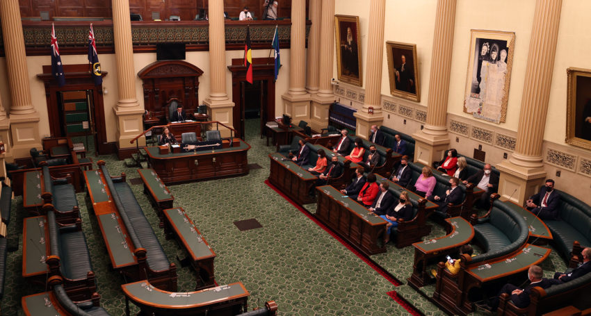 Labor and crossbench MPs staging a parliamentary sit-in protest in February. Photo: Tony Lewis / InDaily