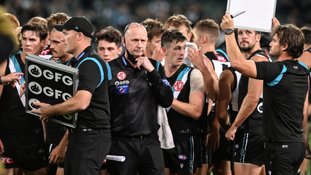 Port Adelaide coach Ken Hinkley at last night's match against Melbourne. Photo: Michael Errey/InDaily