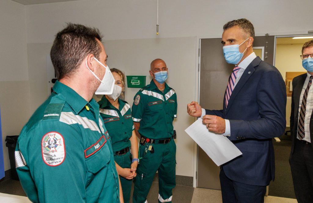 Premier Peter Malinauskas talks to paramedics at the RAH. Photo: Tony Lewis/InDaily