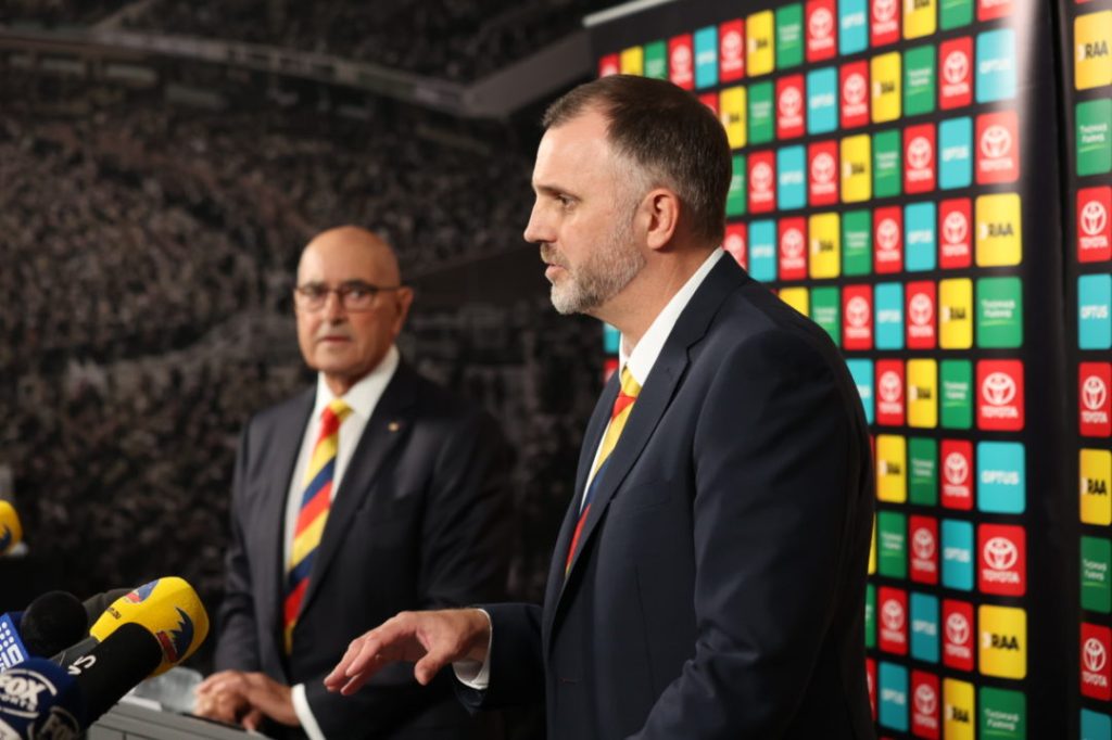 Crows chair John Olsen and CEO Tim Silvers. Photo: Tony Lewis / InDaily 