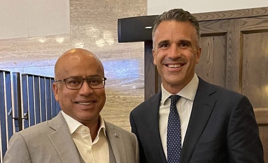 Peter Malinauskas with Sanjeev Gupta in February. The Government says the businessman's Whyalla operations are unaffected by a UK Fraud Office raid overnight. Photo: Twitter