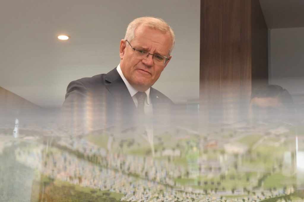 Scott Morrison at Springfield Rise Display Village in Brisbane on Day 36 of the 2022 federal election campaign. Photo: Mick Tsikas/AAP