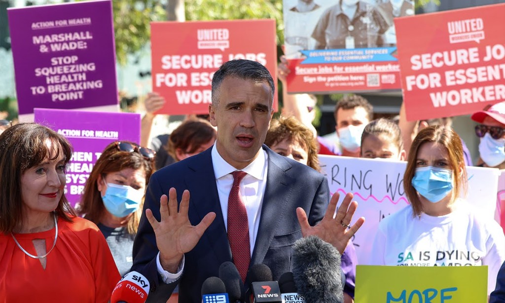 Peter Malinauskas campaigning on health in the lead-up to the March election. Photo: Tony Lewis/InDaily