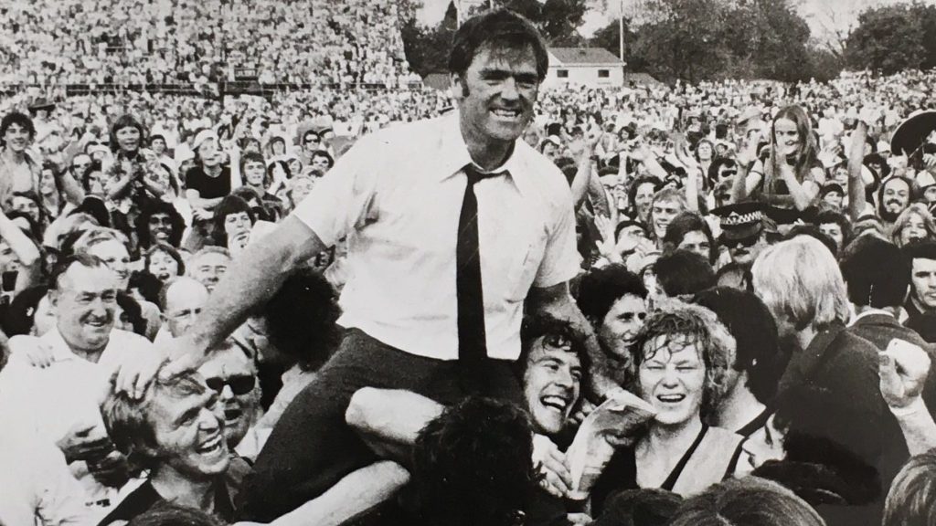 Neil Kerley is chaired from the ground after coaching Glenelg to its drought-breaking 1973 Grand Final win against North Adelaide. Photo: SANFL