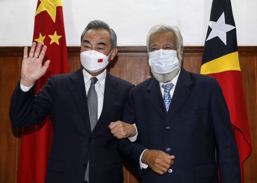 China's Foreign Minister Wang Li with former Timor Leste President Xanana Gusmao on Saturday, during a diplomatic tour of 10 Pacific nations. Photo: EPA/Antonio Dasiparu