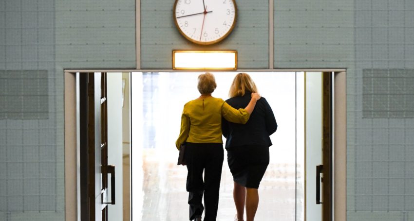 Independent MP Helen Haines and Liberal MP Bridget Archer leave the chamber after crossing the floor during a division on allowing debate on an integrity commission at Parliament House in Canberra last November. Photo: AAP/Lukas Coch