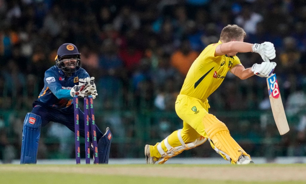 Australia's David Warner is stumped for 99 in his side's narrow loss to Sri Lanka in Colombo. Photo: Eranga Jayawardena/AP