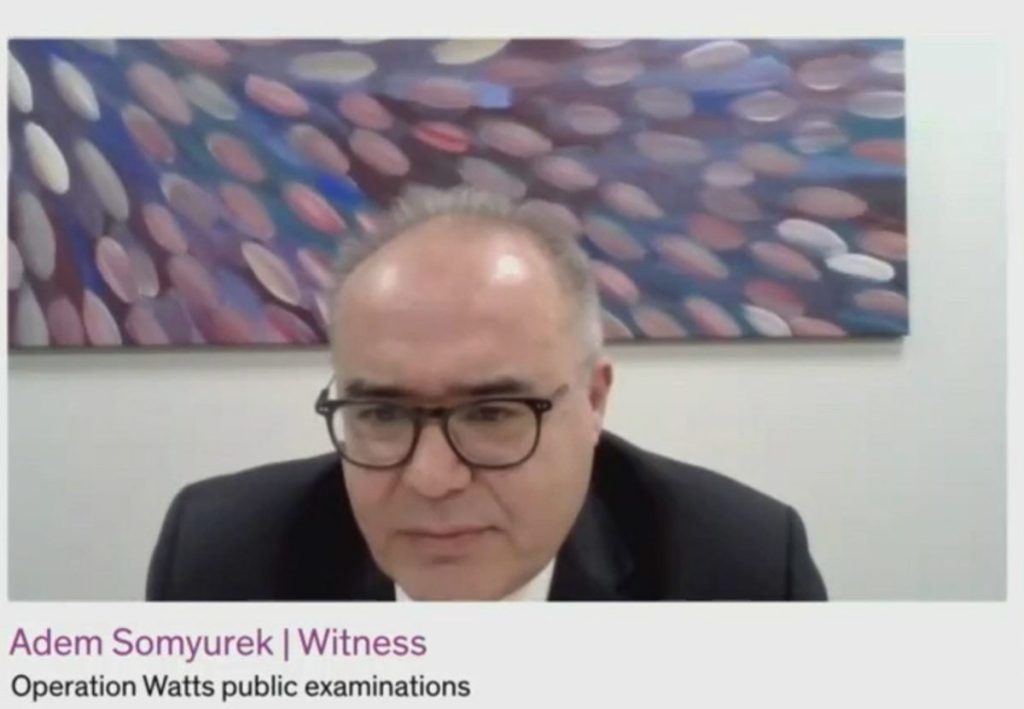 A screengrab of former Victorian Labor MP and minister Adem Somyurek during an anti-corruption inquiry into branch stacking. Photo: AAP/ Independent Broad-Based Anti-Corruption Commission