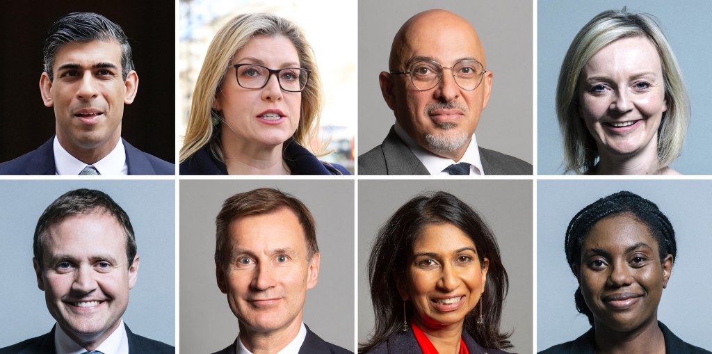 The eight candidates for UK PM (top row left to right), Rishi Sunak, Penny Mordaunt, Nadhim Zahawi, and Liz Truss, (bottom row left to right) Tom Tugendhat, Jeremy Hunt, Suella Braverman and Kemi Badenoch. Photo: UK Parliament/PA Wire 