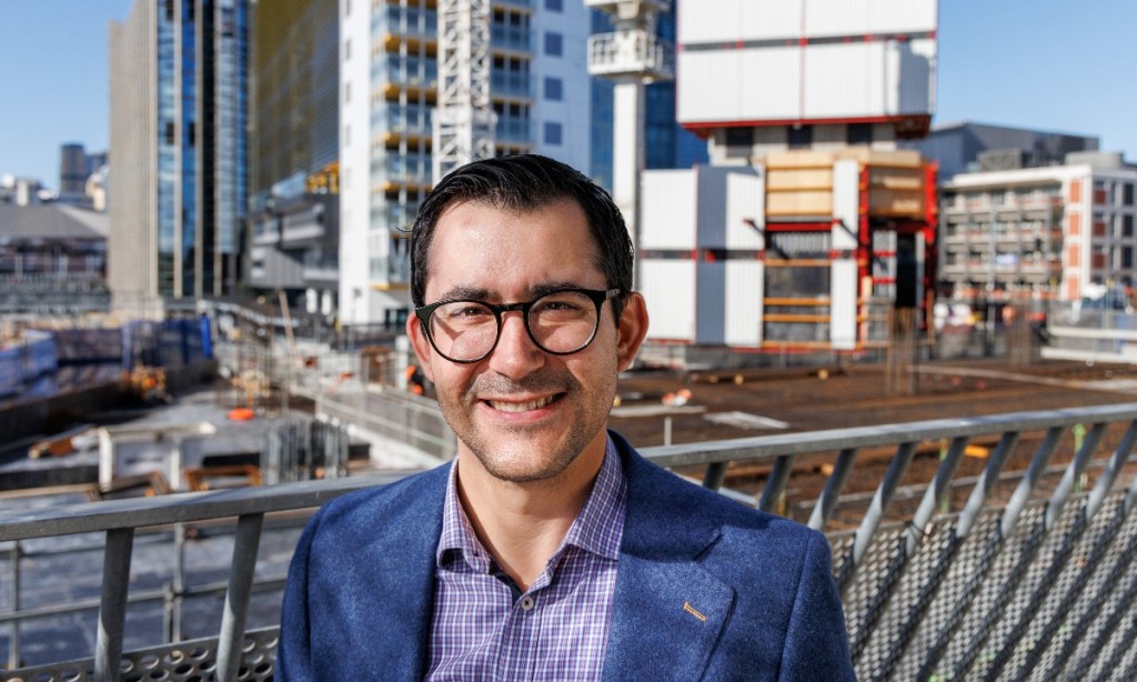 Medical physicist Dr Alexandre Santos in front of what will be Australia’s first proton therapy centre next door to SAHMRI. Photo: Tony Lewis