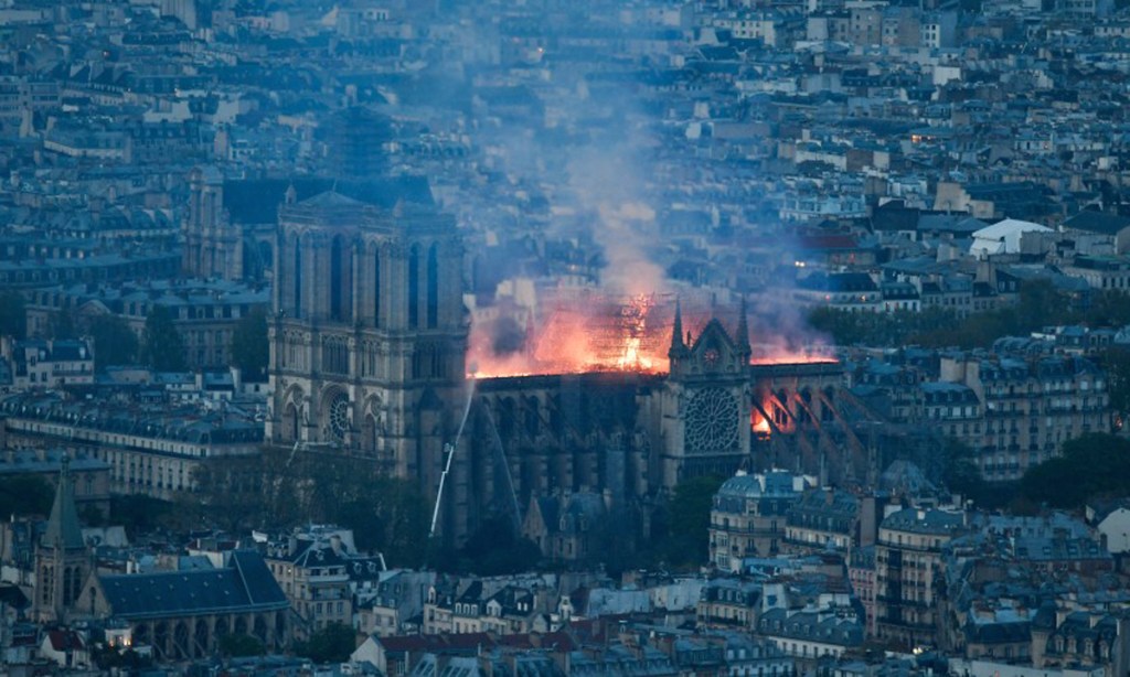 Iconic Paris landmark the Notre-Dame Cathedral ablaze in 2019. Photo: Stephane Rochon Vollet