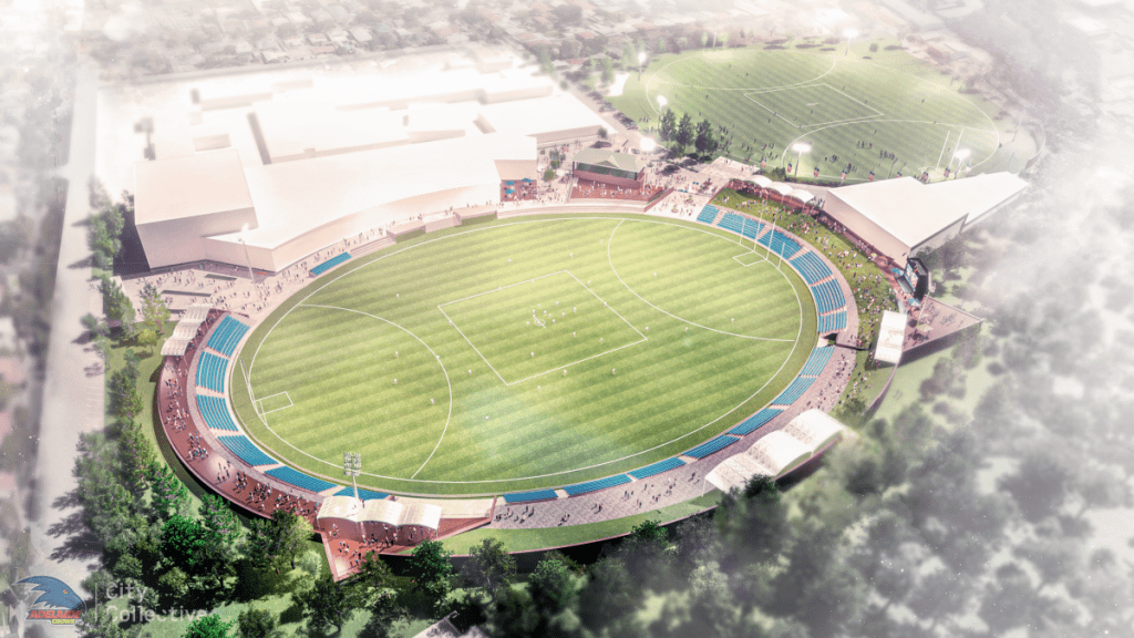 An artist’s rendition of the Crows’ proposed Thebarton Oval/Kings Reserve plans. Image: Adelaide Football Club