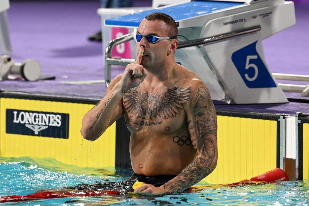 Kyle Chalmers after winning gold in the Men's 100m Freestyle Final on Day 4 of the Birmingham Commonwealth Games. Photo: AAP/Dave Hunt