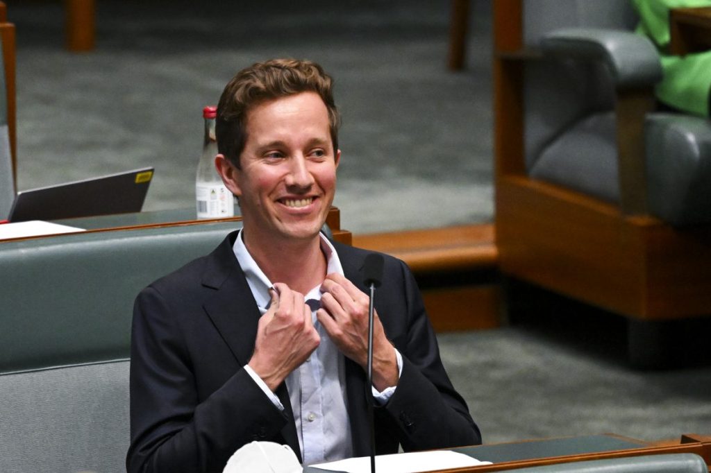 Greens MP Griffith Max Chandler-Mather reacts after criticism of his lack of a tie in parliament last week. Photo: AAP/Lukas Coch