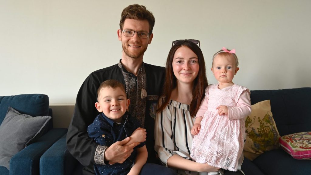 Stepan and Diana Sturko, with children Olexsandr and Andriana, are being welcomed by a strong volunteer network in Adelaide. Pic: Belinda Willis/InDaily