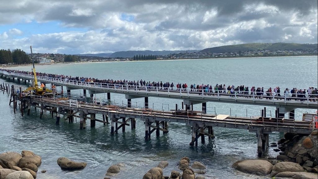 Coastrek walkers cross to Granite Island last Friday. Photo: Cass Bentvelzen