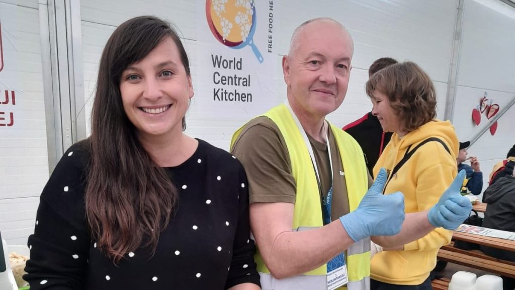 Justyna Rosa and British volunteer Rob, supporting Ukrainian refugees flooding into Poland. Photo supplied