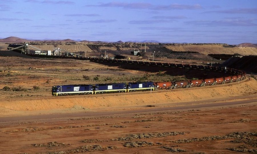 A three-engine coal train running along the Leigh Creek to Port Augusta rail line before it was decommissioned in 2016. Photo: Flinders Power