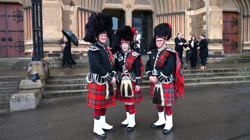 New Caledonian Pipes and Drums members Robert Howie (left), Margo Herde and Bob Moffatt. Pic: Belinda Willis/InDaily