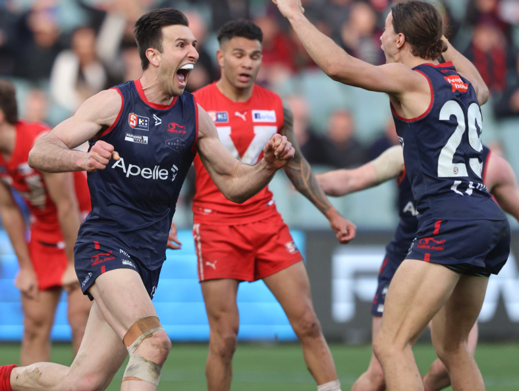 Norwood's Matt Panos celebrates after kicking the winning goal in the grand final. Photo: SANFL.