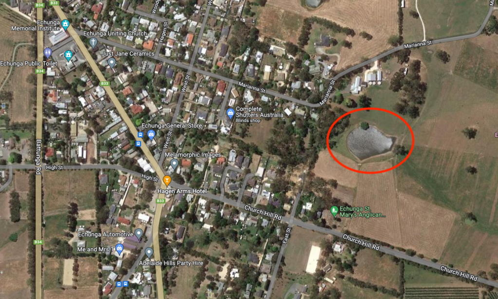 The 10 megalitre dam on the edge of Echunga. Image: Google Maps