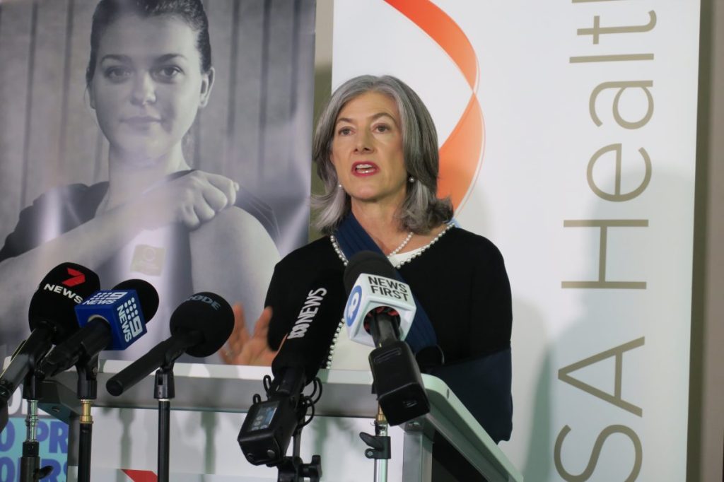 Professor Nicola Spurrier addresses the media regarding the scrapping of mandatory isolation rules. Photo: Jason Katsaras/InDaily