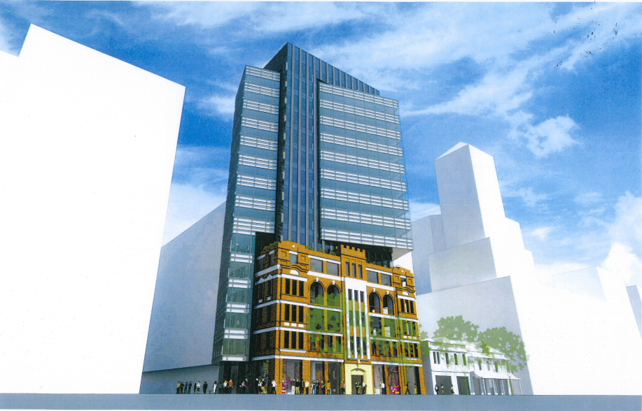 A developer's bid for an eighth time extension on a 2012 approval for a 15-storey tower behind the state heritage-listed Gawler Chambers on North Terrace has been rejected. Image: ADC/Matthews Architects