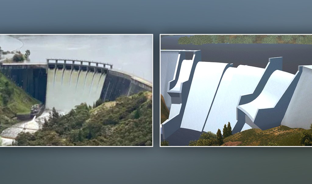 The current Mount Bold Reservoir (left) and SA Water's new concept designs (right). Images: supplied/SA Water. 
