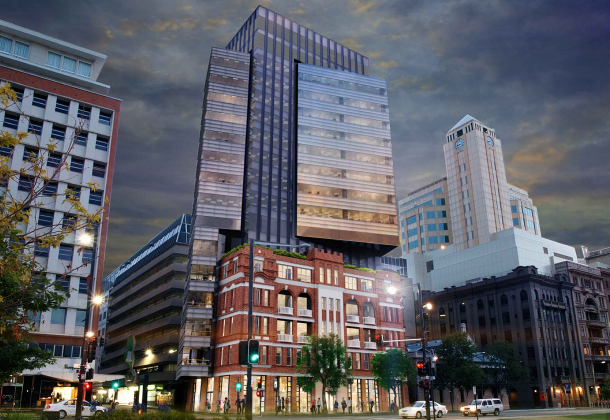Plans for an office tower behind the Gawler Chambers have been in a holding pattern since 2012. Image: ADC/Matthews Architects