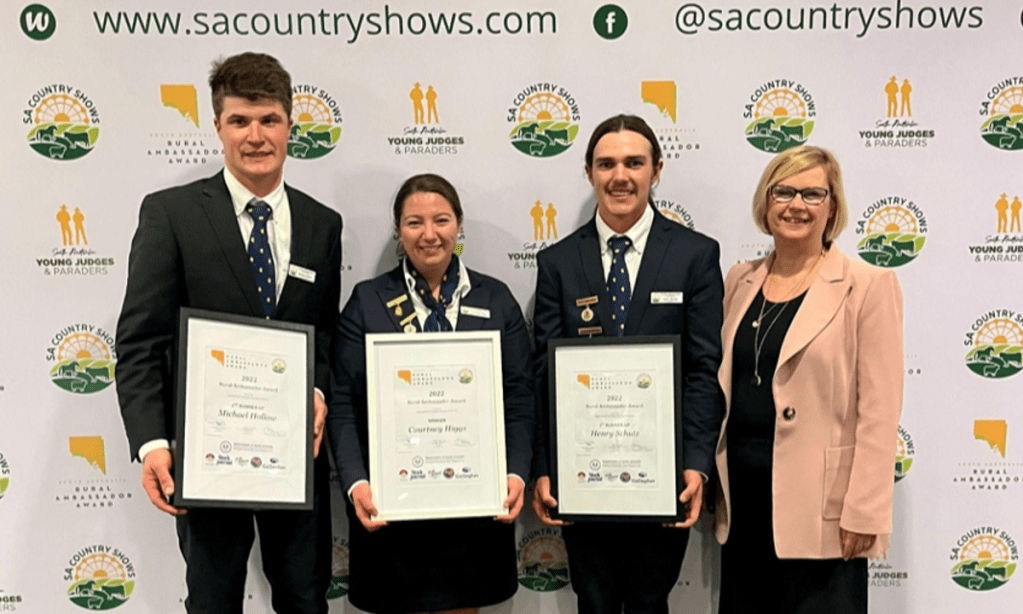 L-R, 2nd runner-up, Michael Hollow, Winner Courtney Higgs, 1st runner-up Henry Schutz and Minister for Primary Industries and Regional Development, Claire Scriven. Photo: supplied. 