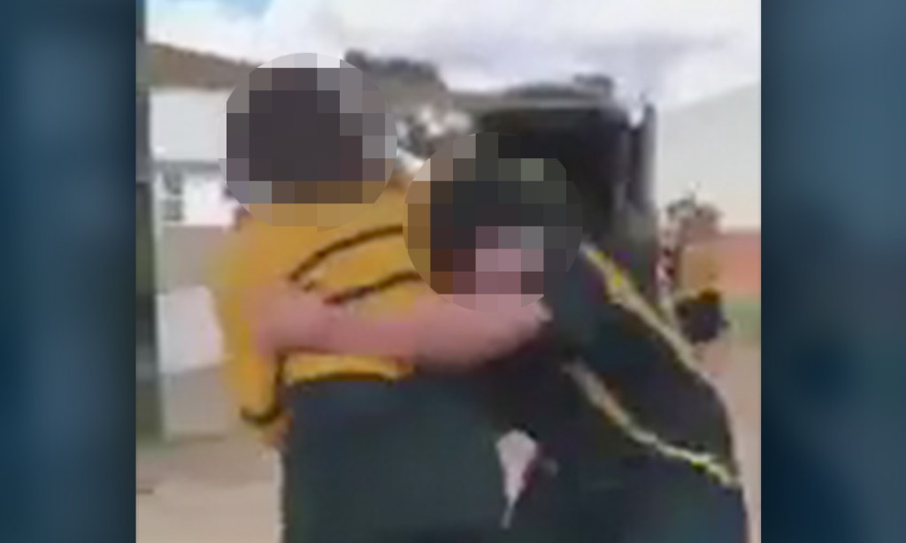 A still image from a videoed fight at an Adelaide school in 2020, one SA principal says behaviour has improved since full-time security staff and new programs were introduced at his school.