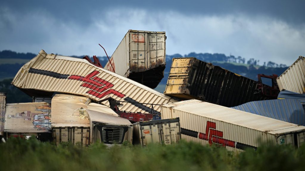 The scene after a derailment near Inverleigh on the Adelaide-Melbourne line on Monday. Photo: AAP/James Ross