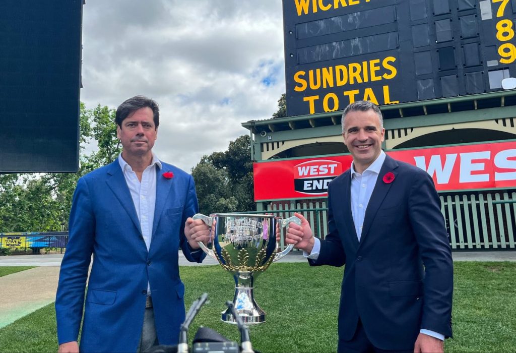 Premier Peter Malinauskas and AFL CEO Gillon McLachlan. Picture: Jason Katsaras/InDaily