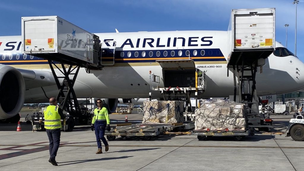 New River Murray DefenCell flood barriers arrive from Italy at Adelaide Airport today. Photo: supplied
