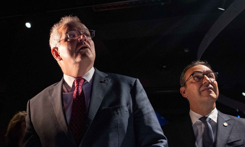 Peering into the future... Scott Morrison and  Steven Marshall at Adelaide's Australian Space Discovery Centre in 2021. Photo: AAP/Morgan Sette